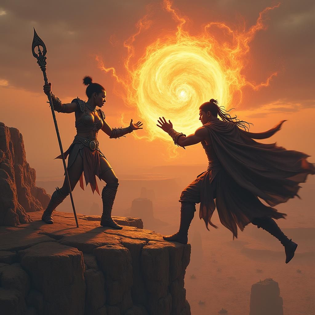 Warriors Clash in Mystical Twilight Kingdom, Syd Mead Style