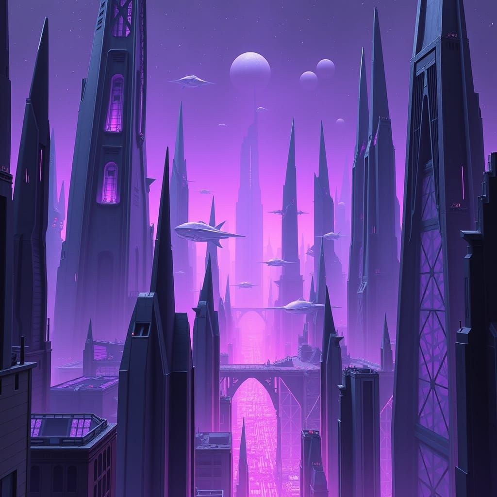 Futuristic Alien Cityscape in Holographic Illustration