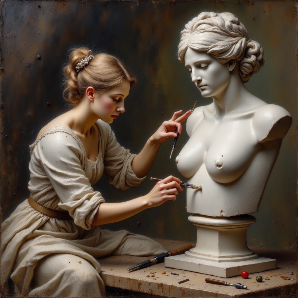 Female Sculptor Creates Marble Statue as Oil Painting