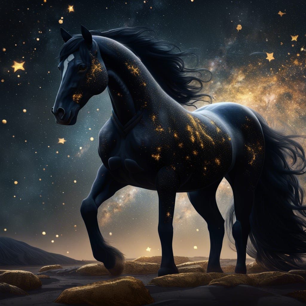 Black Horse Gazing at Stars in Detailed Digital Painting