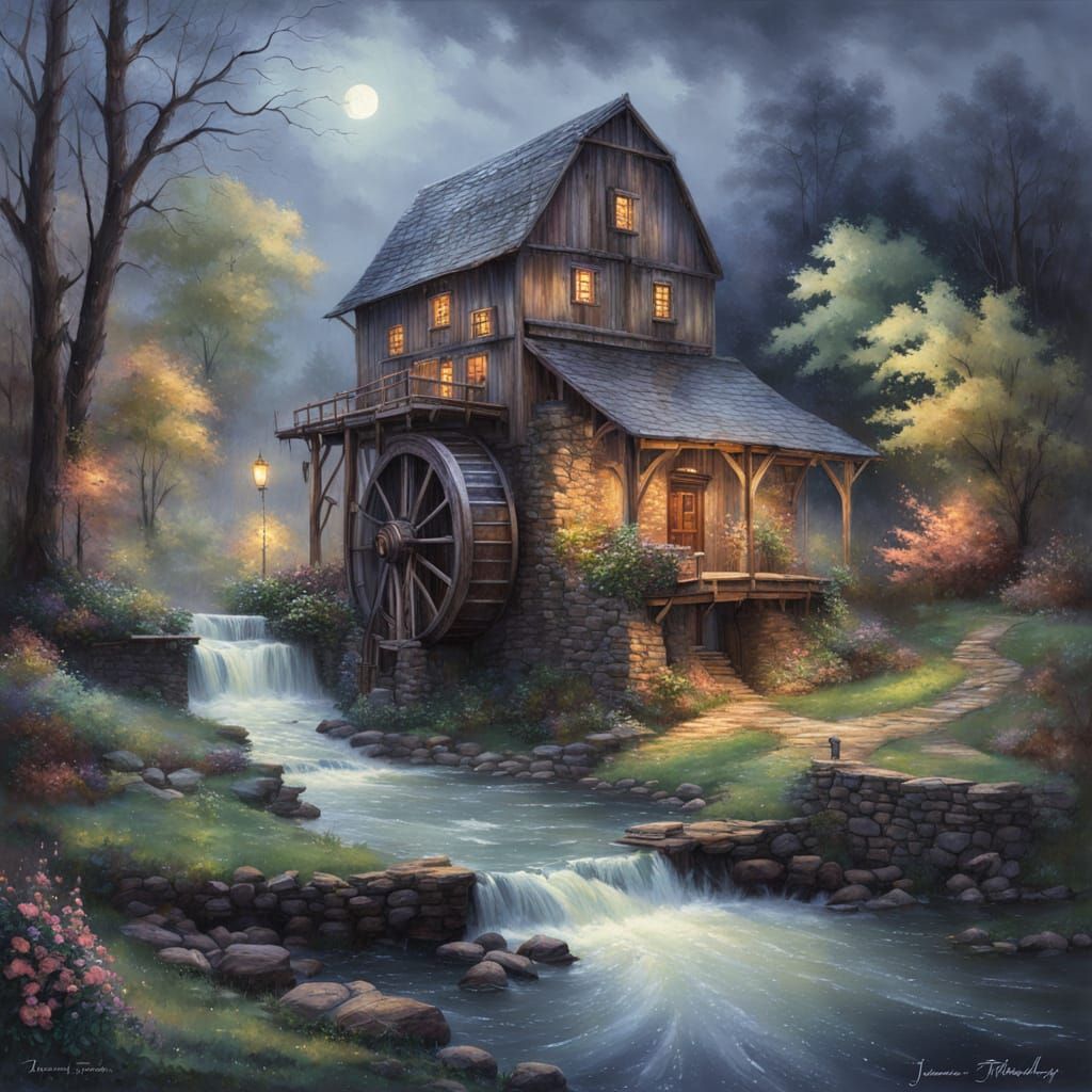Serene Nighttime Landscape: Rustic Waterwheel in Gentle Rain