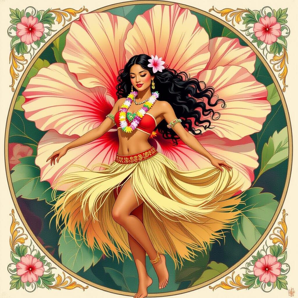 Hula Dancer in Hibiscus Flower, Art Nouveau Style