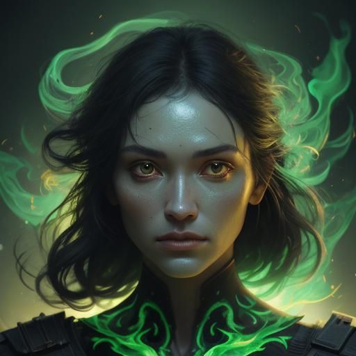 Woman Surrounded by Green Fire: Digital Art Portrait