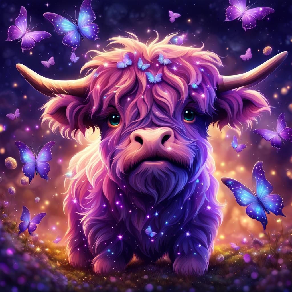 Chibi Highland Cow with Purple Butterflies
