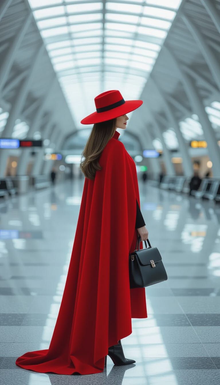 Elegant Woman in Red Cape at Modern Airport