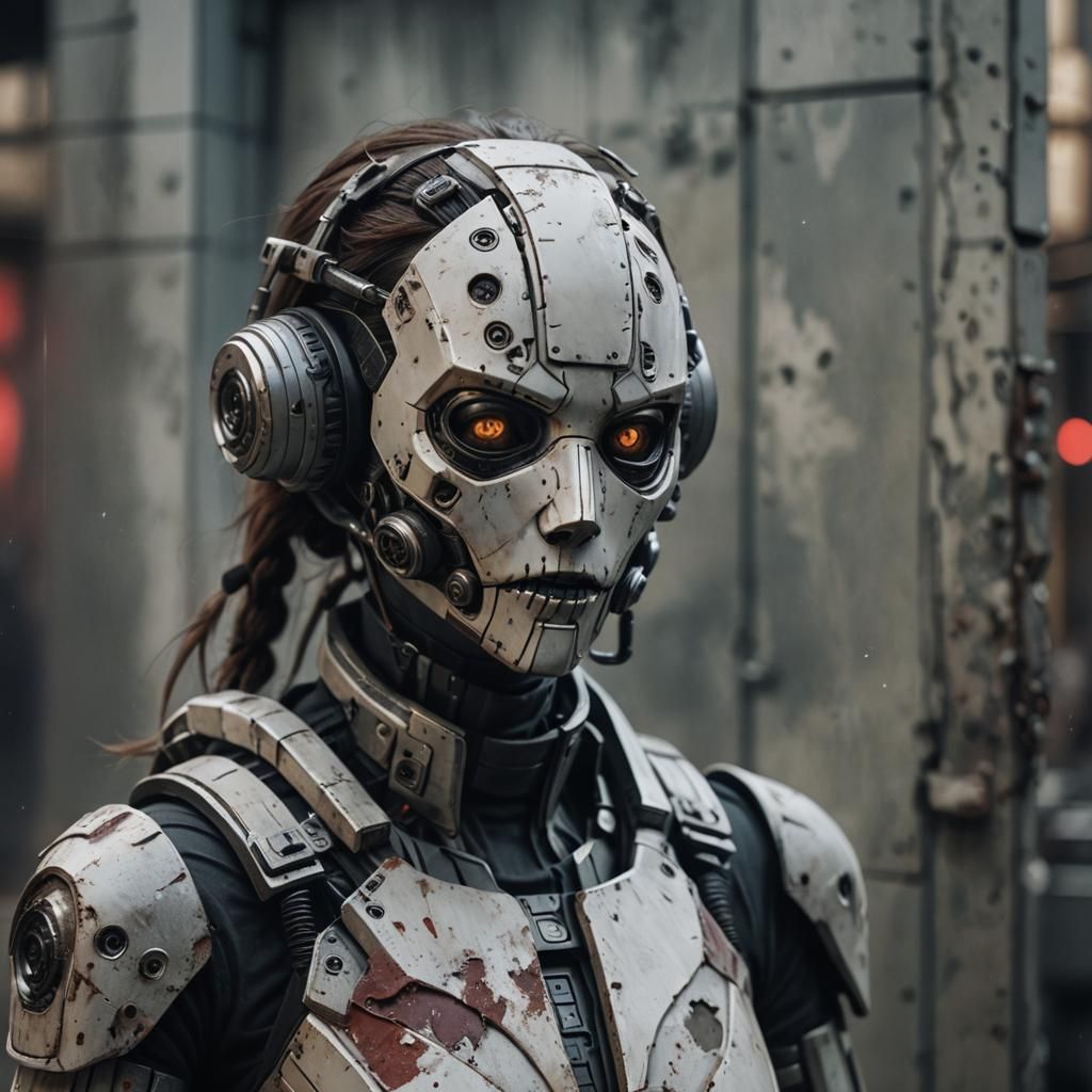 Female Murderbot with Opaque Mask in Grunge Style