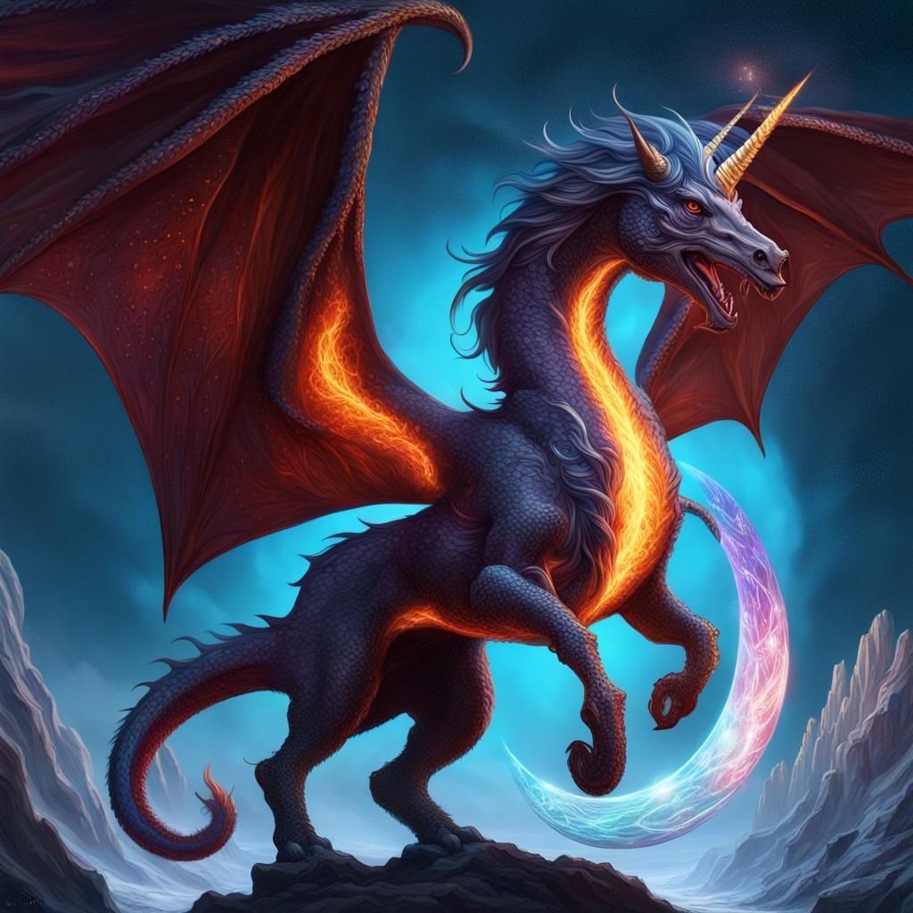Fantastical Dragon and Unicorn in Dark Fantasy Style