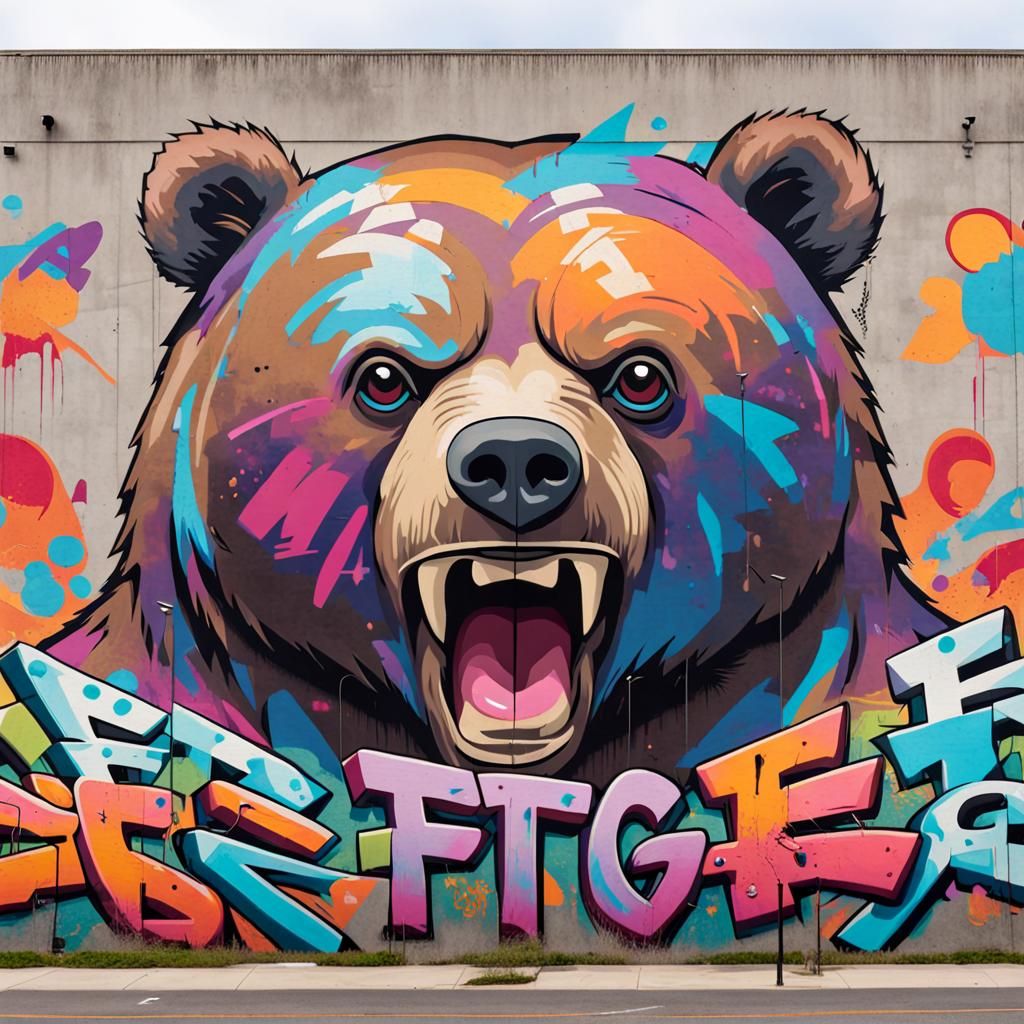 Graffiti Bear Mural on Concrete Wall