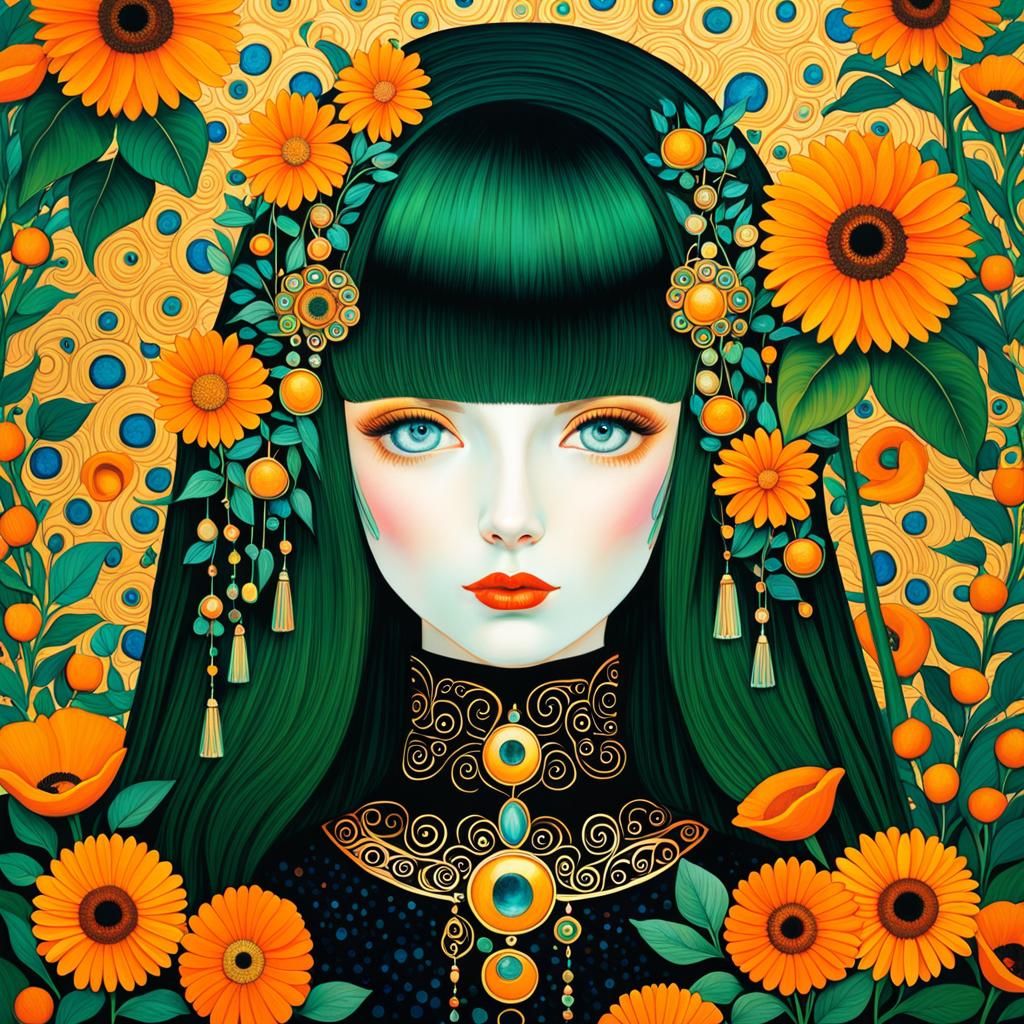 Klimt-Inspired Portrait of a Woman with Winter Blossom