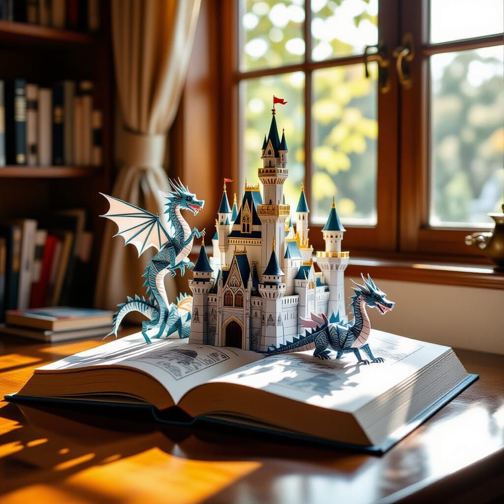 Open Pop-Up Book with Origami Dragons in Warm Sunlight
