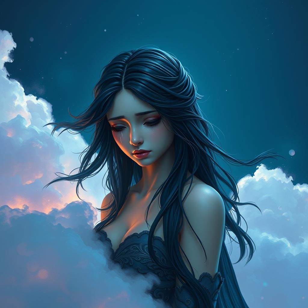 Goddess Crying on Cloud in Fantasy Art Style