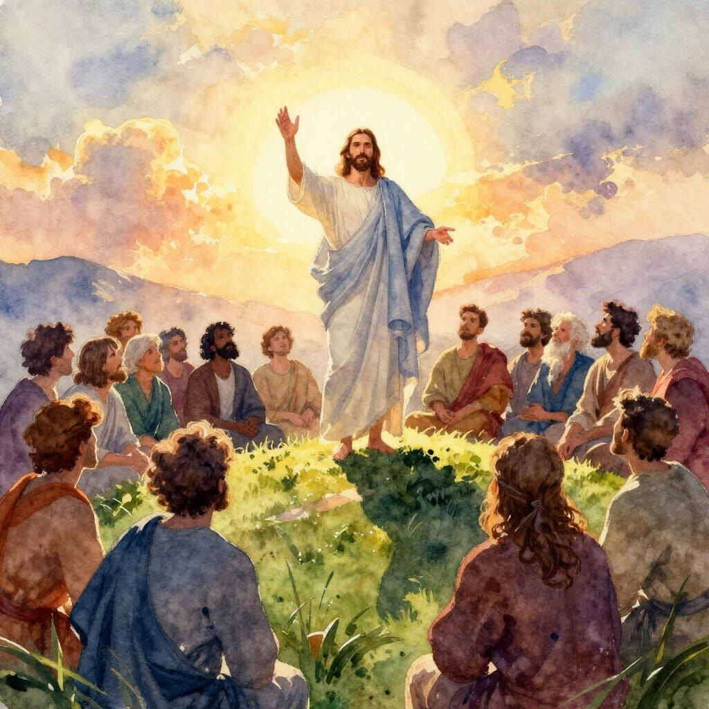 Jesus Preaching Serene Sermon on Mountaintop in Watercolor S...