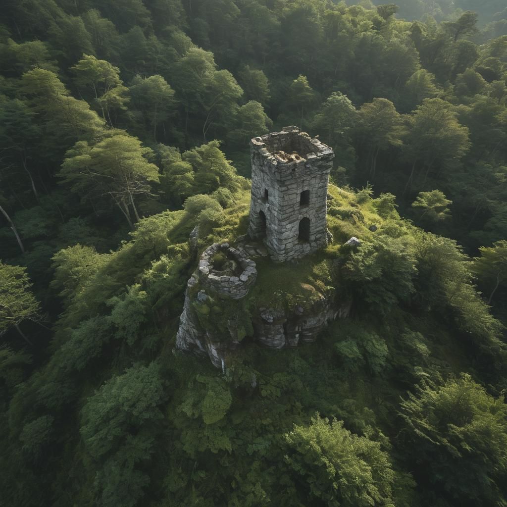 Mystical Ruined Tower Amidst Forest Landscape