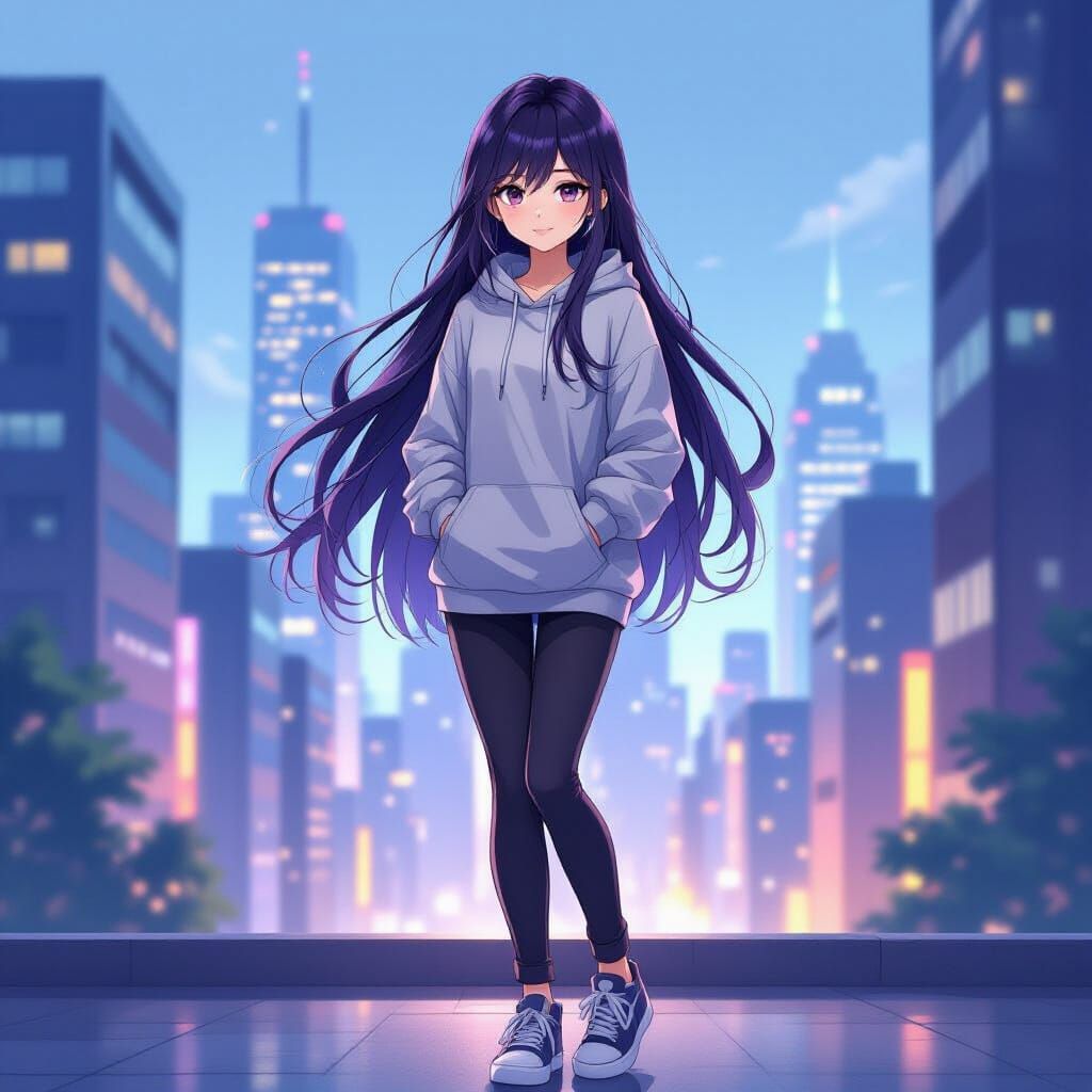 Anime Girl in Modern City, Vibrant Style