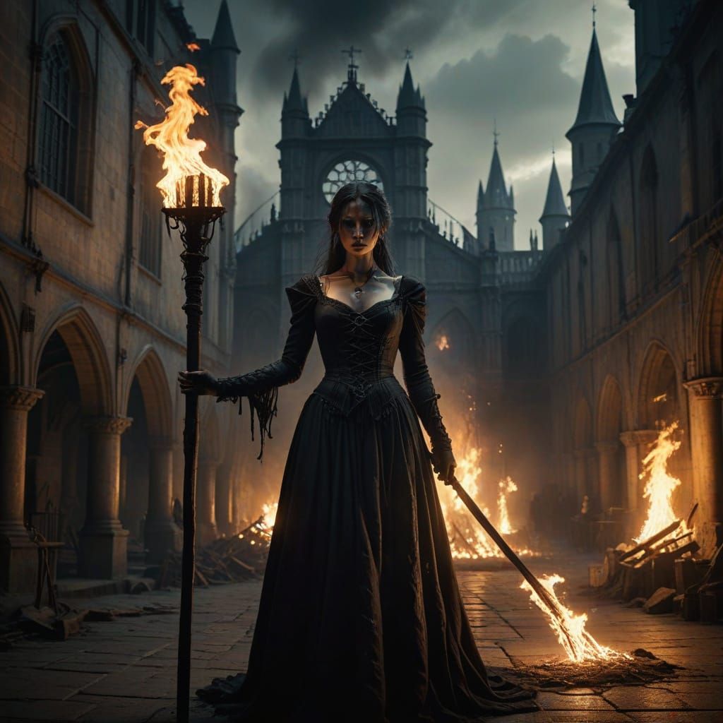Gothic Woman Bound by Flickering Flames