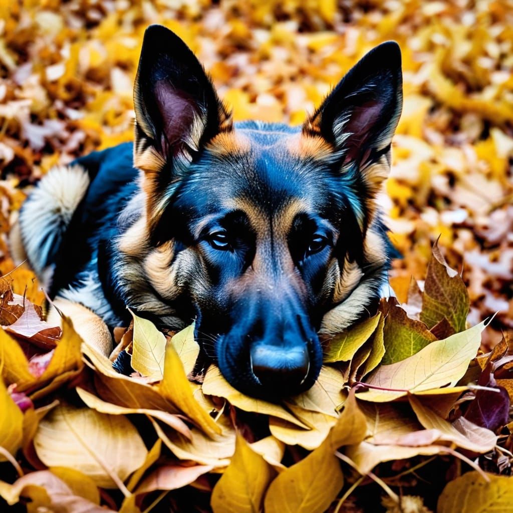 German Shepherd Sleeping on Autumn Leaves