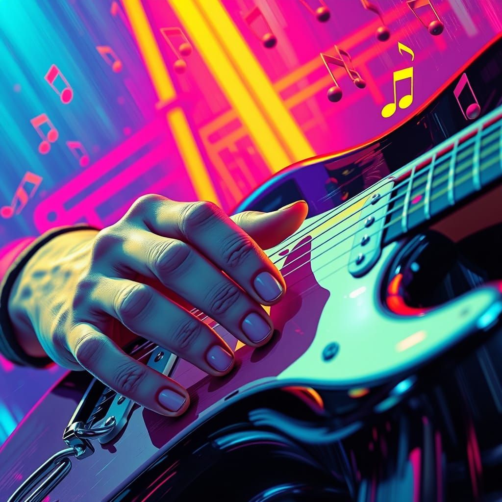 Guitarist's Hands in Vibrant Futuristic Scene