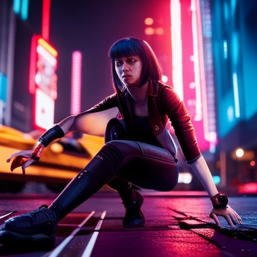 Female Piano Busker in Cyberpunk Cityscape