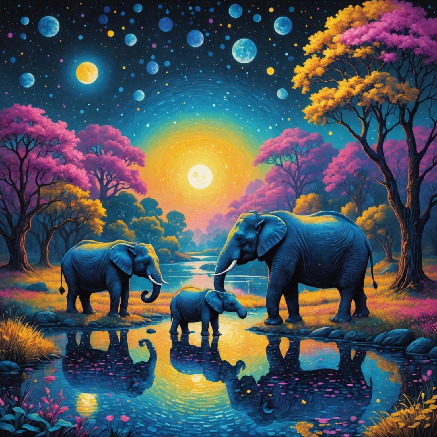 Pointillist River Scene with Hippos and Elephants