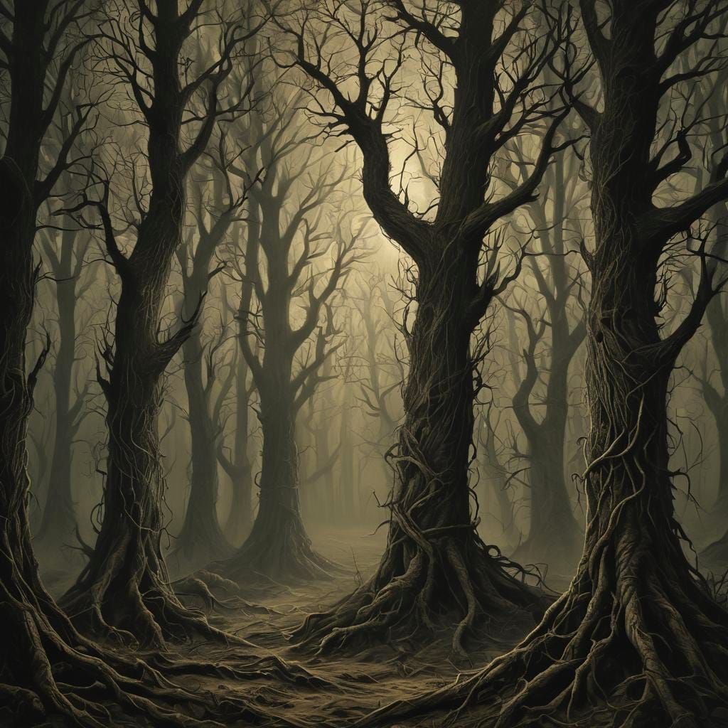 Eerie Dark Fantasy Forest Inspired by Füssli
