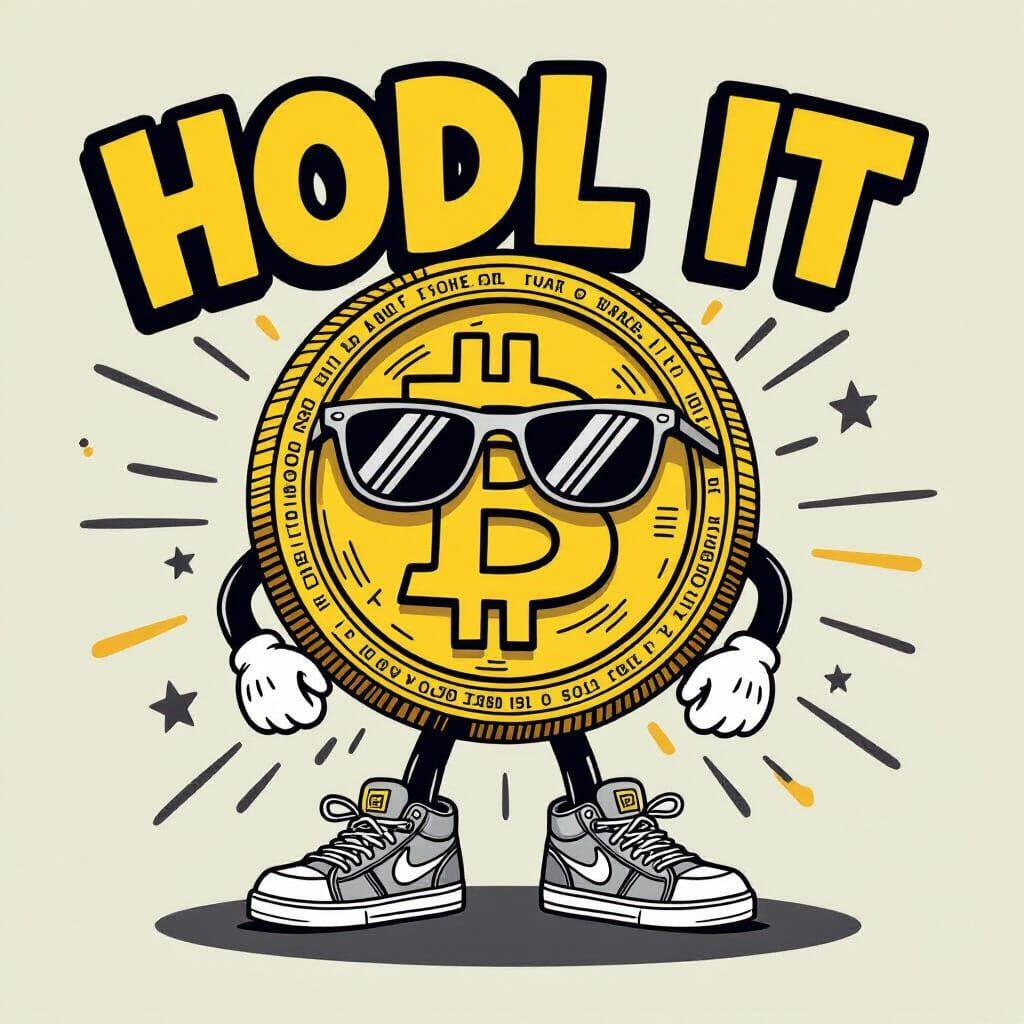 Cartoon Bitcoin Coin with Sneakers and Sunglasses "HODL IT"