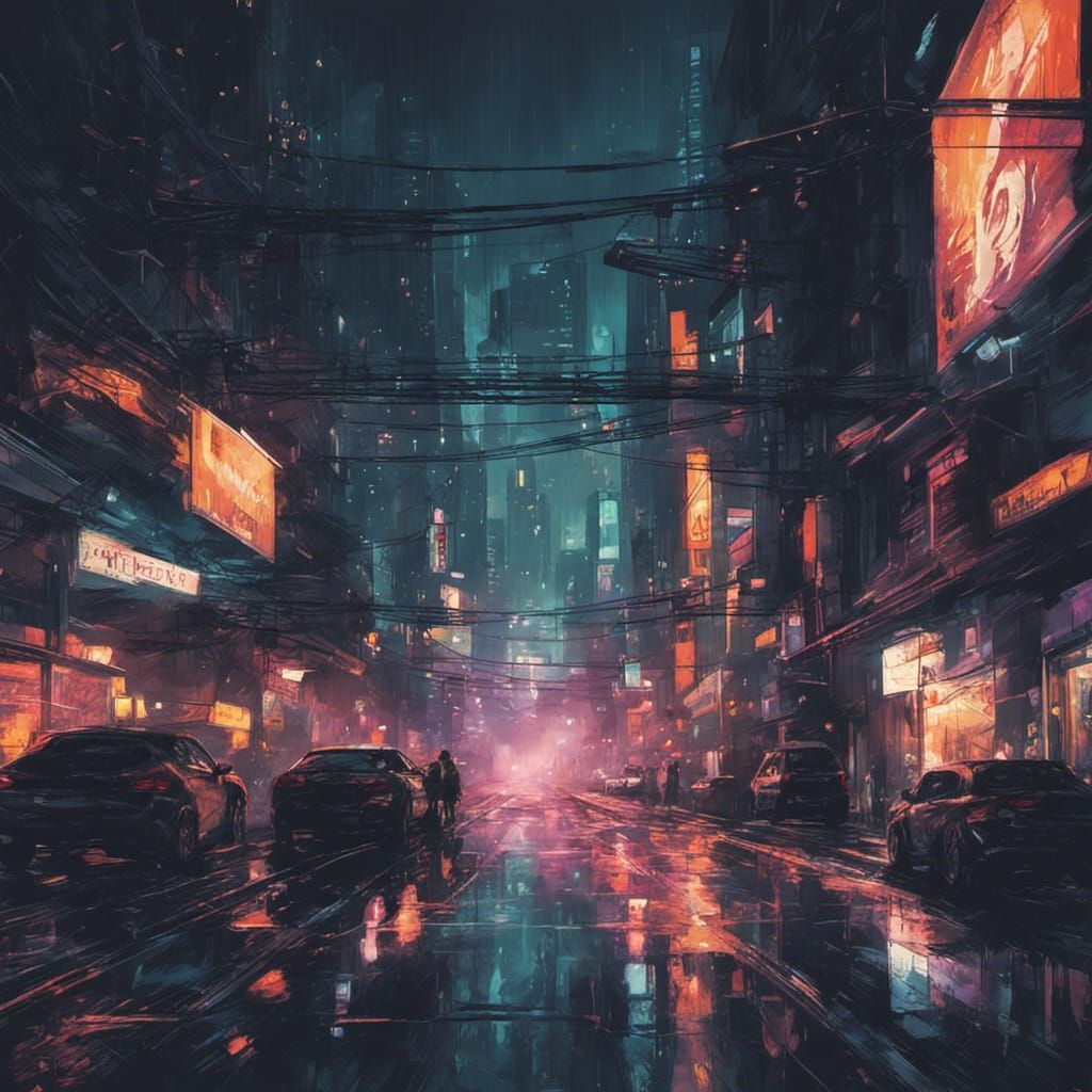 Expressionistic Cyberpunk Cityscape at Night