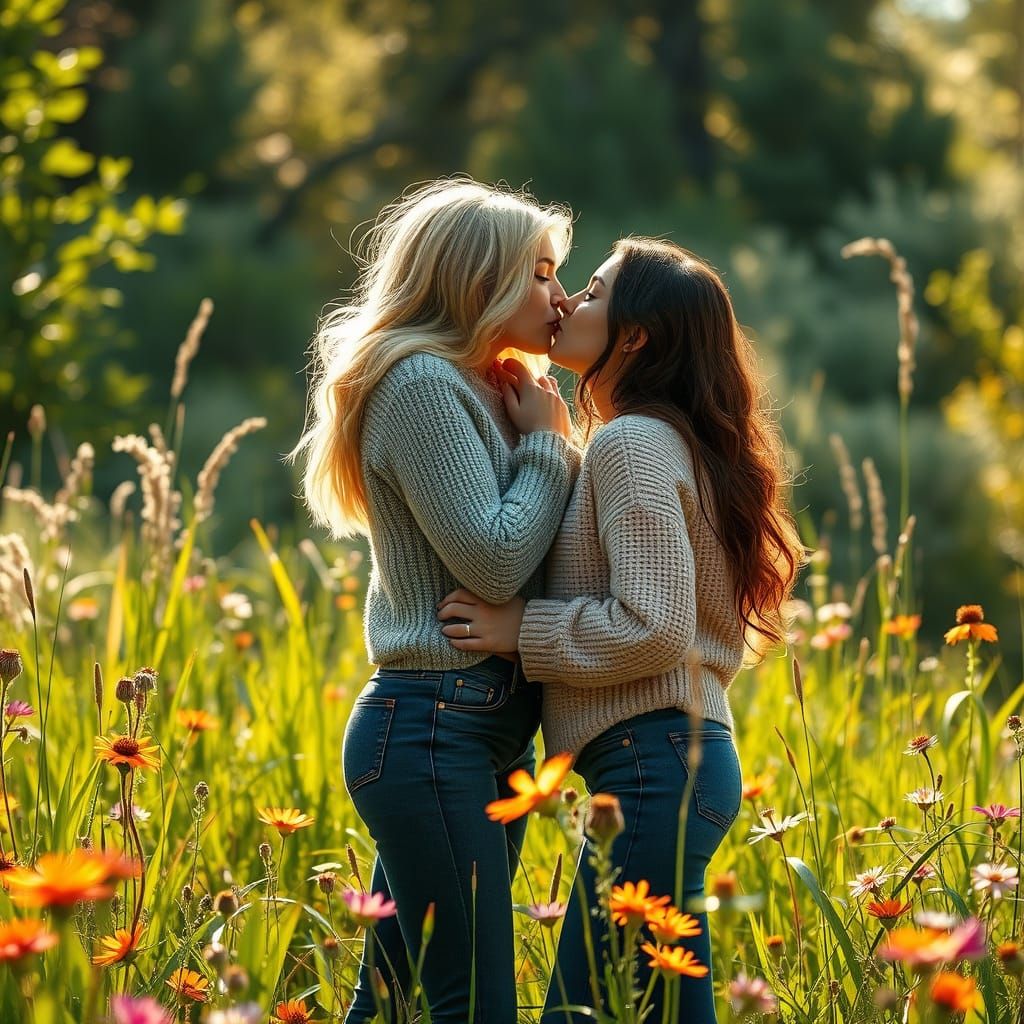 Whimsical Women Share a Tender Kiss in a Sun-Dappled Meadow