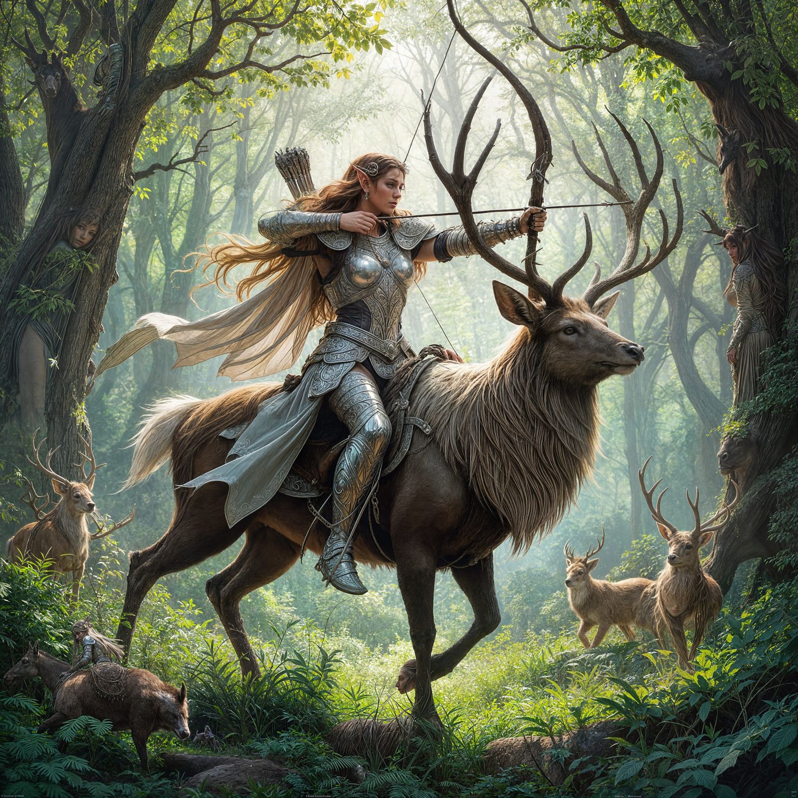 Elven Warrior on Stag in Enchanted Forest
