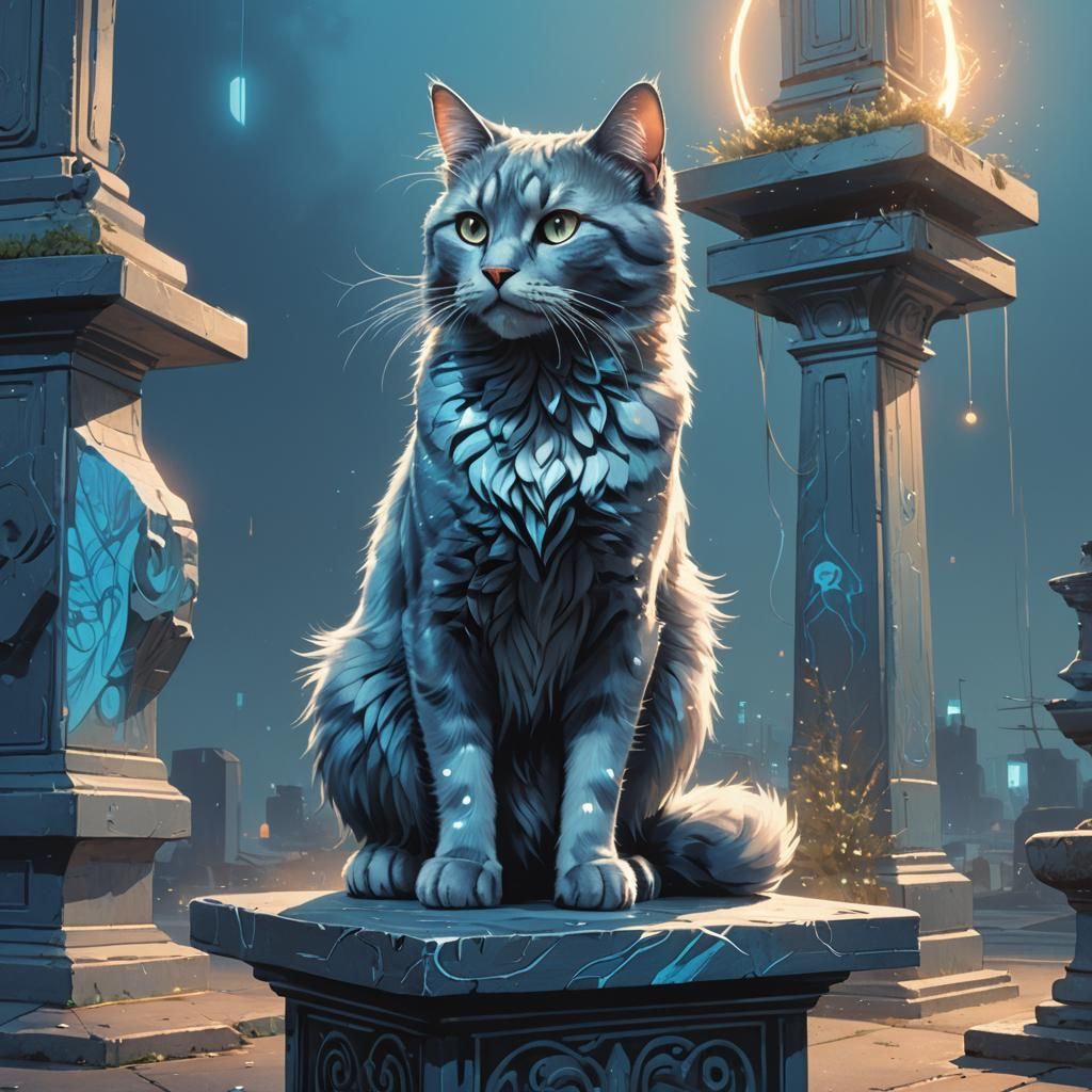 Iridescent Cat on Mystical Pedestal, Fantasy Art
