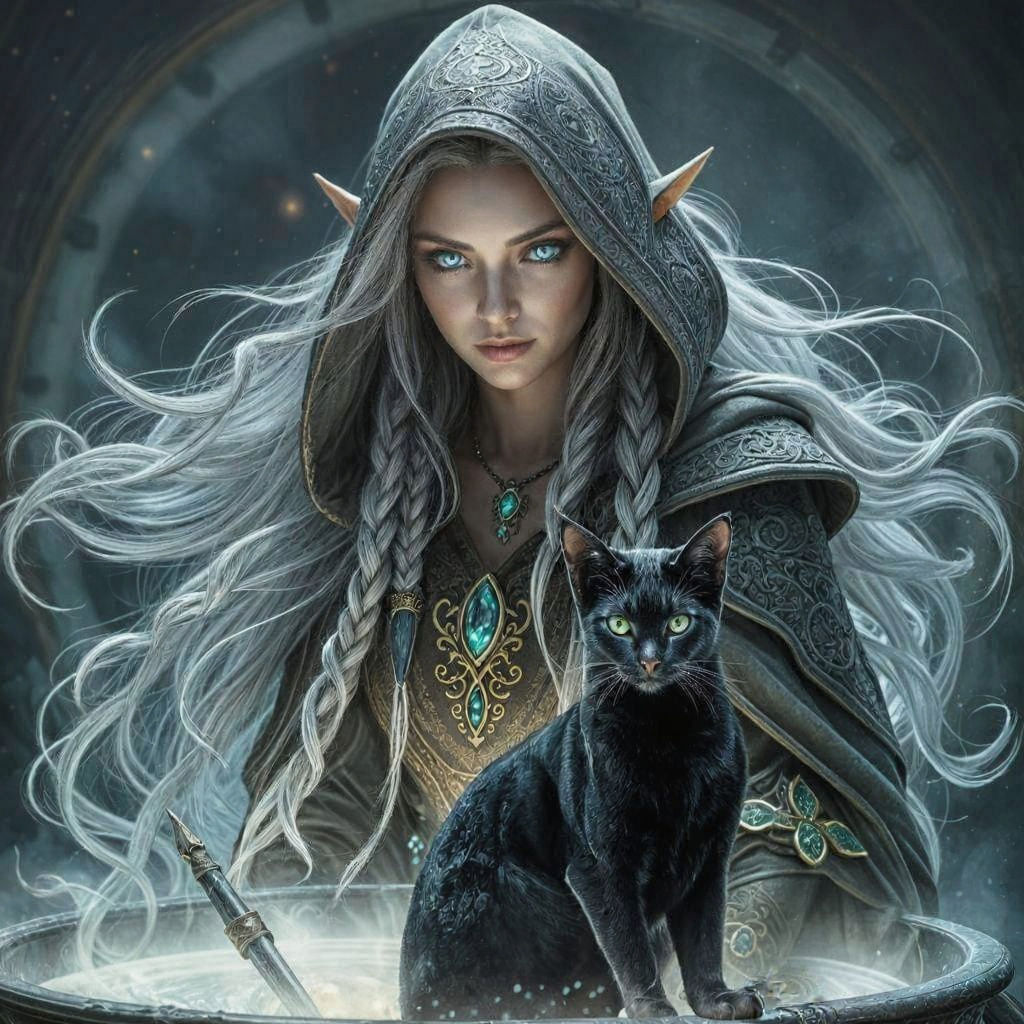 Ethereal Elven Sorceress in Glowing Cauldron Scene