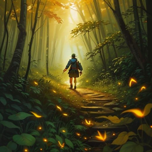 Person Navigating Forest in Oil Painting Style