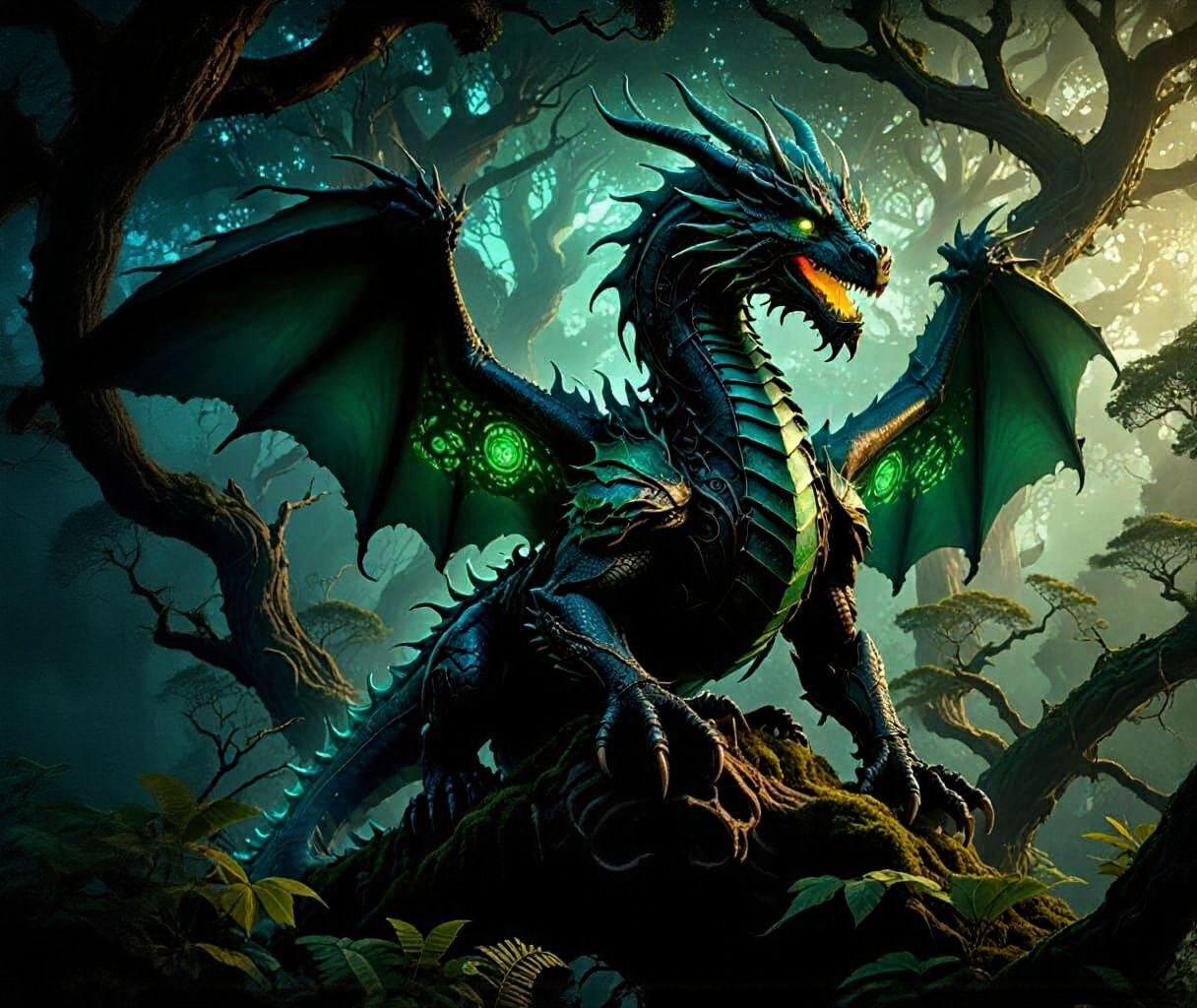 Mechanical Dragon on Ancient Tree in Misty Alien Forest