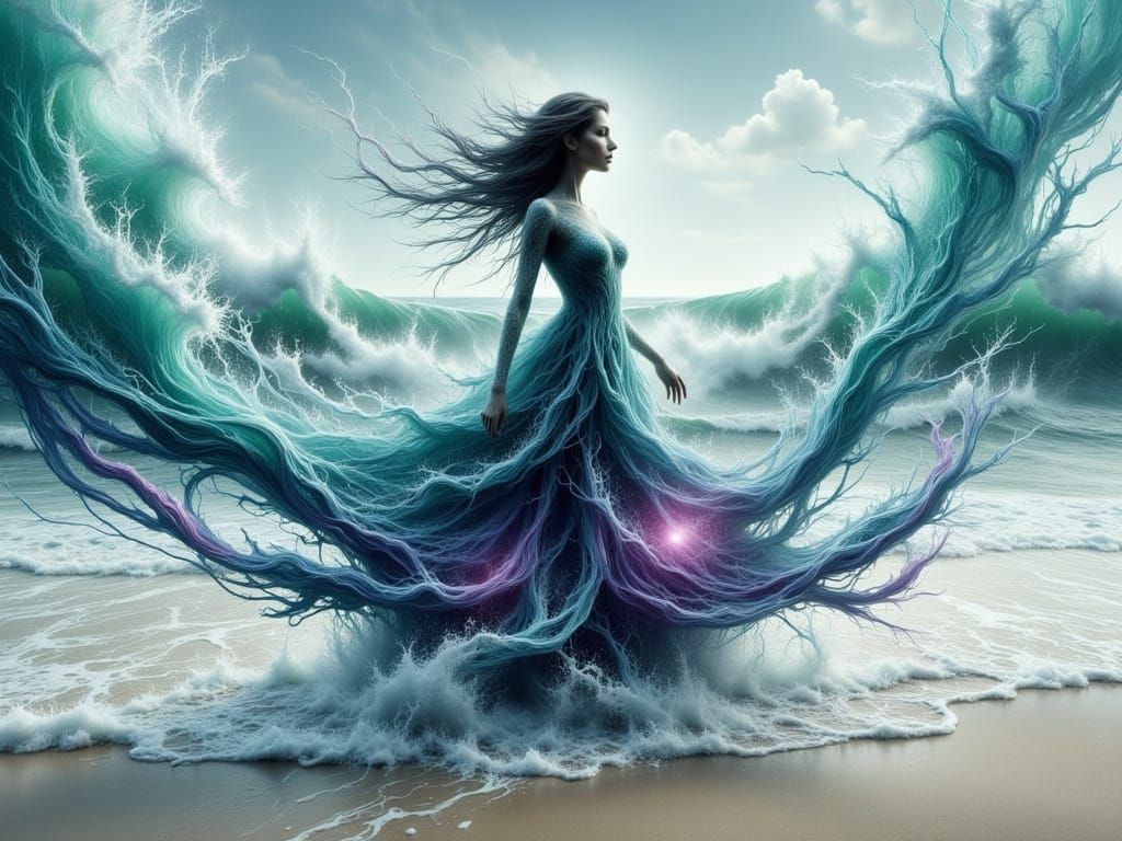 Ethereal Woman Emerging from Ocean in Abstract Style