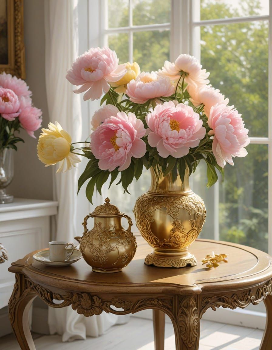 Baroque Vase Blooms with Vibrant Pink and Yellow Peonies in ...