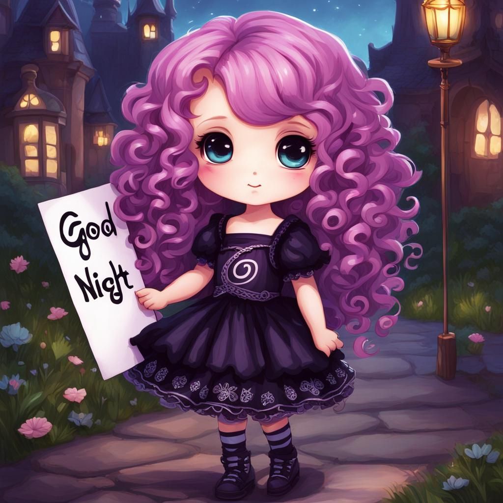 Chibi Goth Girl with Good Night Sign in Pastel Colors