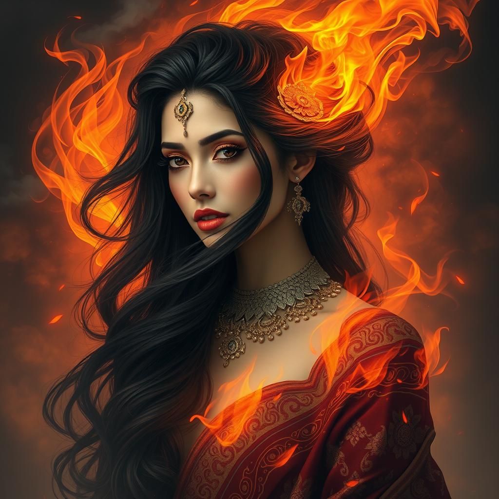 Mystical Fire Elemental Woman in Mythic Setting
