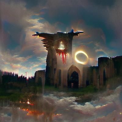 Angel Over Castle Ruins in Solar Eclipse