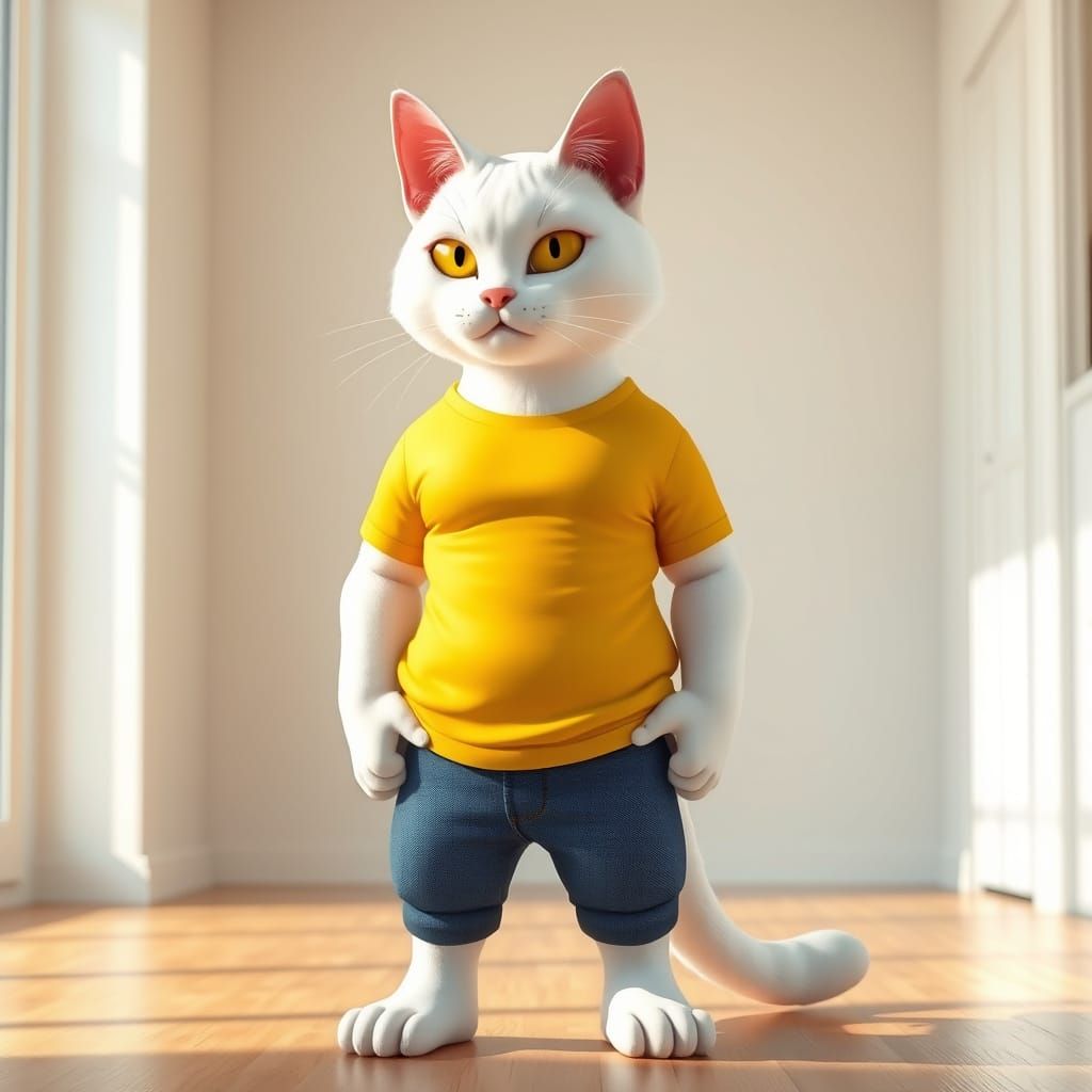 Anthropomorphic Cat in T-Shirt, Photorealistic Style