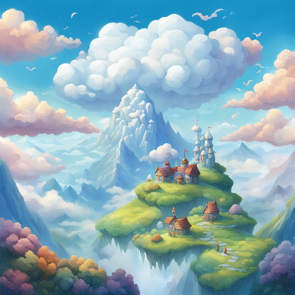 Cloud and Mountain Romance in Cartoon Landscape