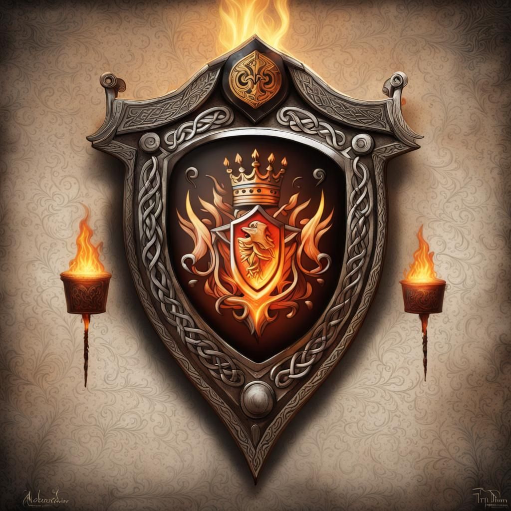 Celtic Shield with Fire Sparks in Dark Fantasy Style