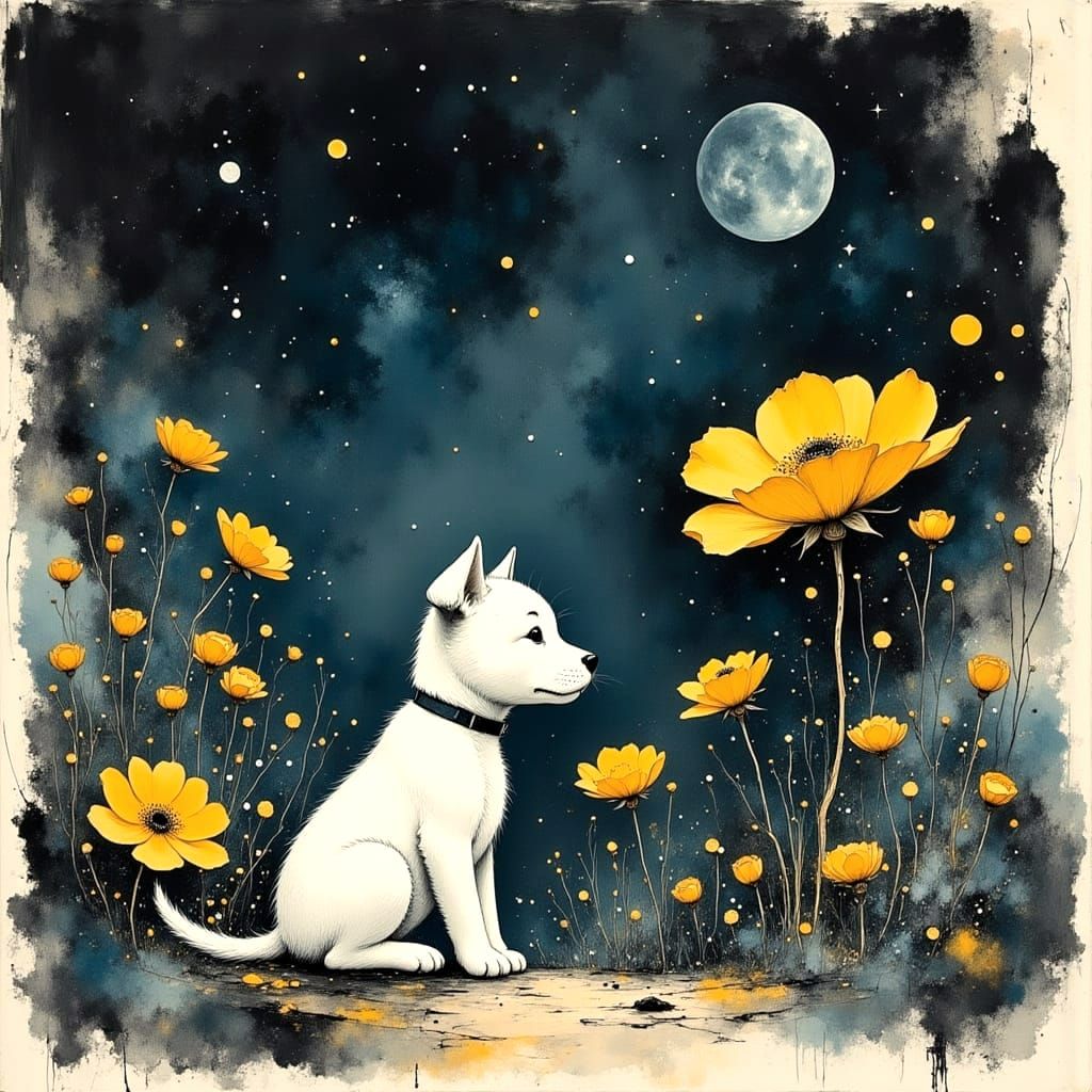 A Sweet Puppy Under Charcoal Night Sky