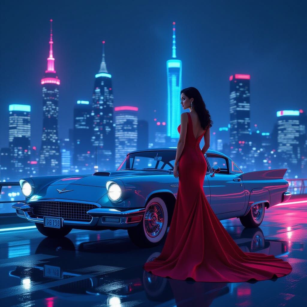 Futuristic Coupe with Woman in Cyberpunk Cityscape
