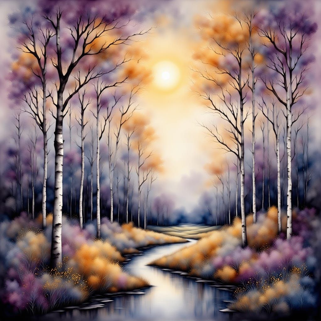 Golden Hour Birch Forest in Antique Watercolor Style