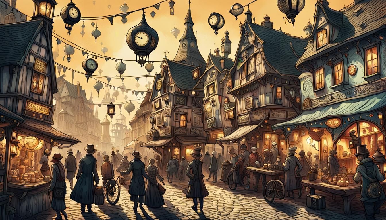 Busy Village Square in Tim Burton Style