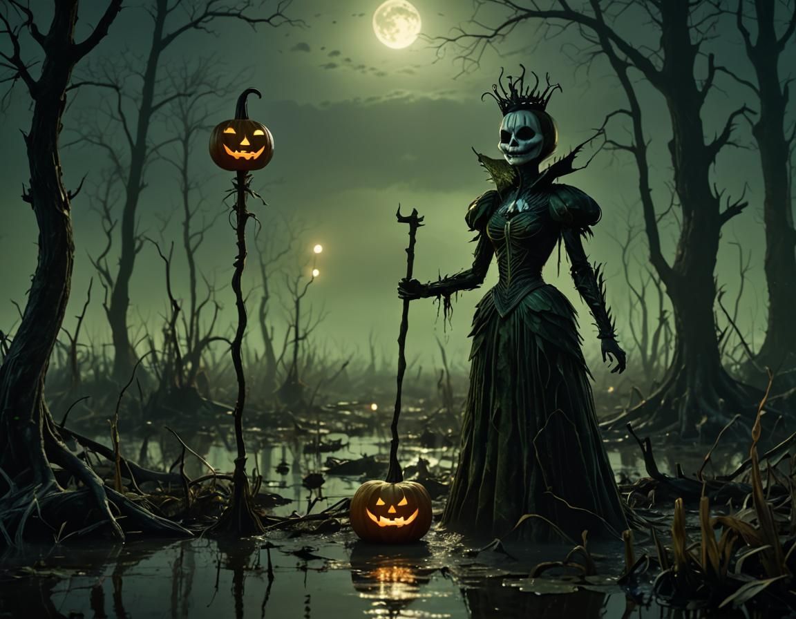 Mystical Pumpkin Queen in Misty Swamp: Cinematic Still