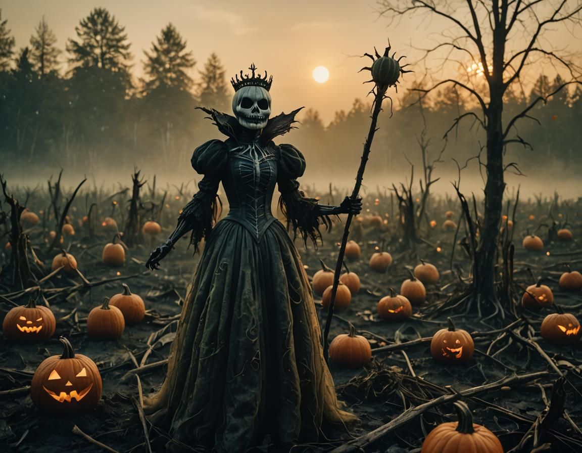 Pumpkin Queen in Misty Field at Dawn