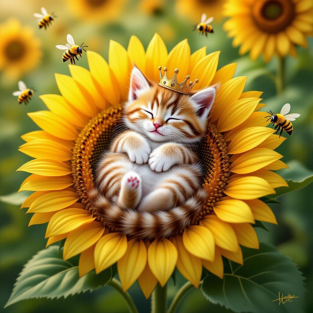 Golden Kitten's Sunflower Nap: Hyper-Realistic Magical Scene