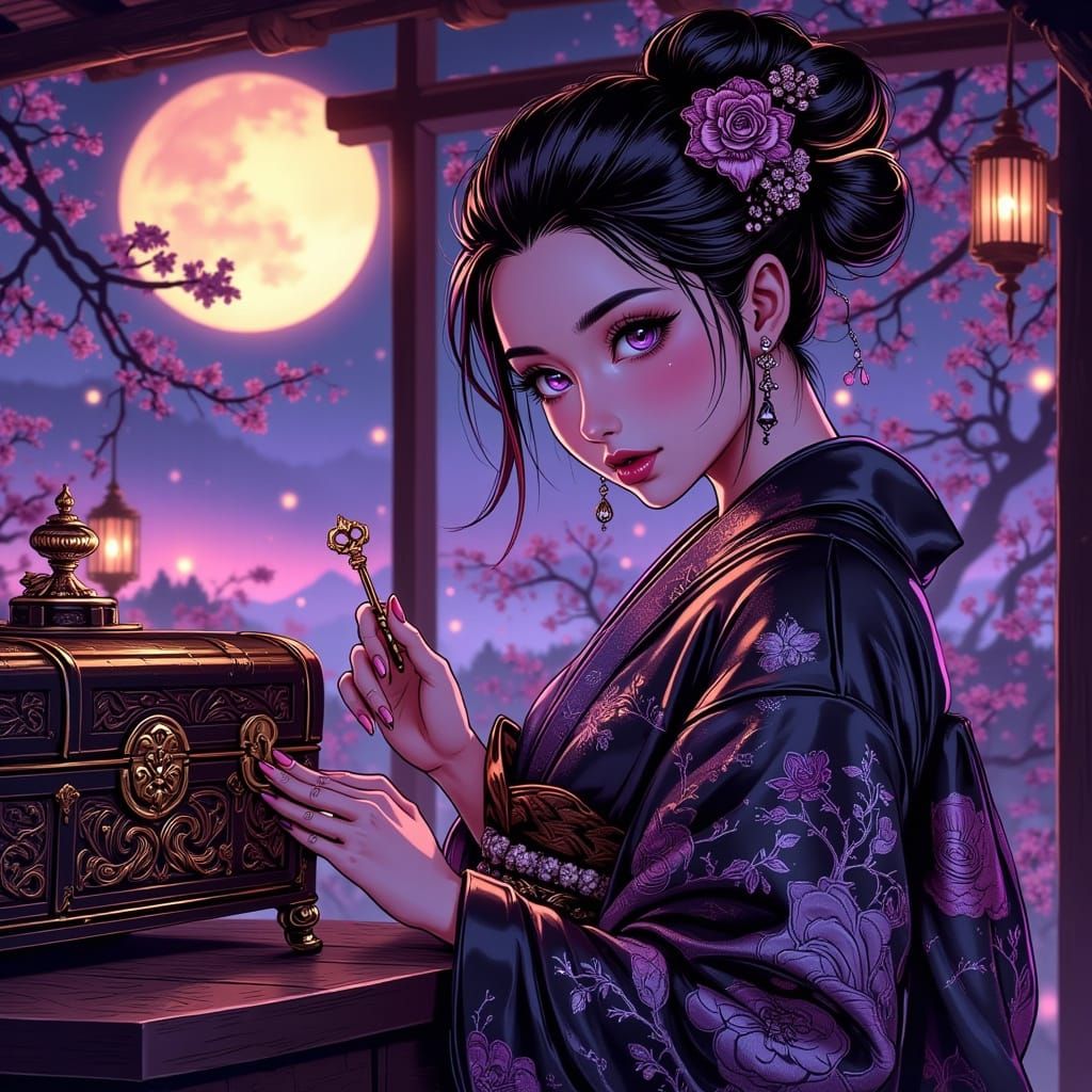 Geisha with Treasure Chest in Anime Style