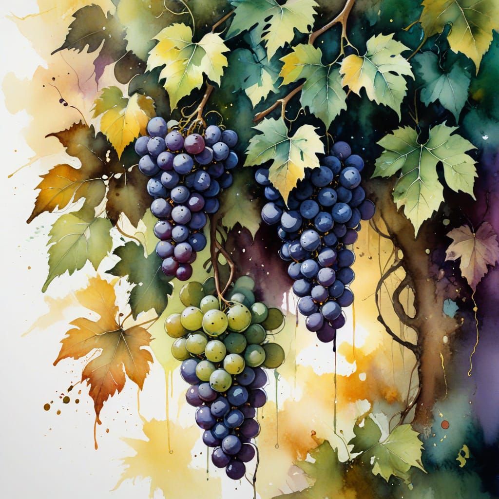 Lush Vineyard Scene in Expressive Watercolor and Ink