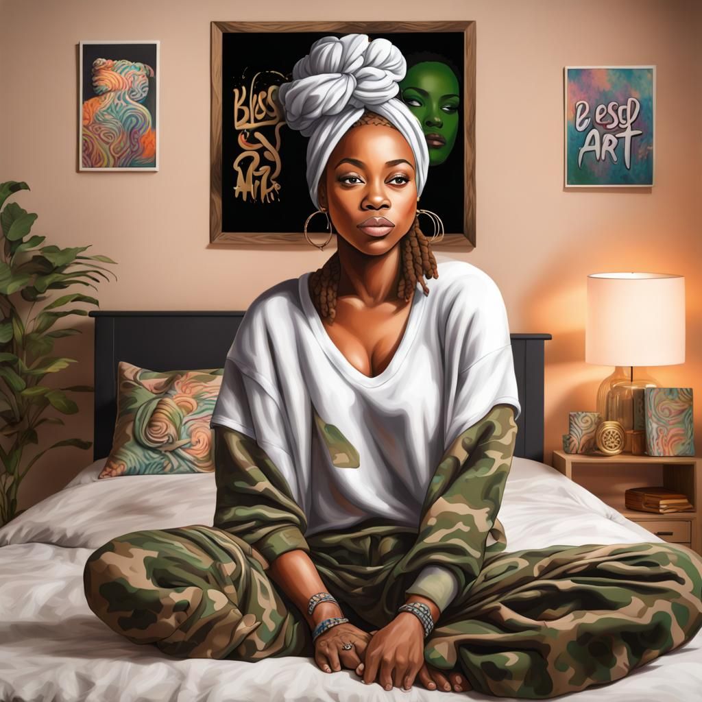 Airbrush Portrait of a Woman with Locs in Bedroom